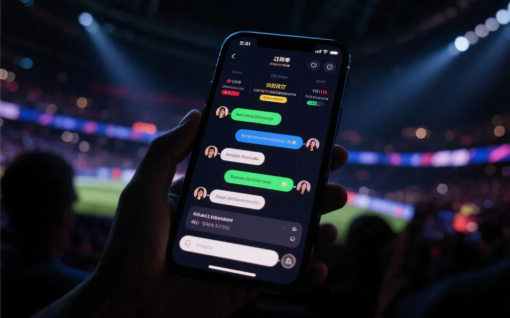 决赛之夜的观赛氛围:手机屏幕上的直播互动、数据卡片与情绪评论流的视觉构图