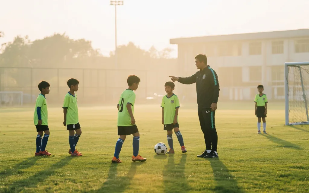 青训训练场上年轻球员训练与教练指导的画面