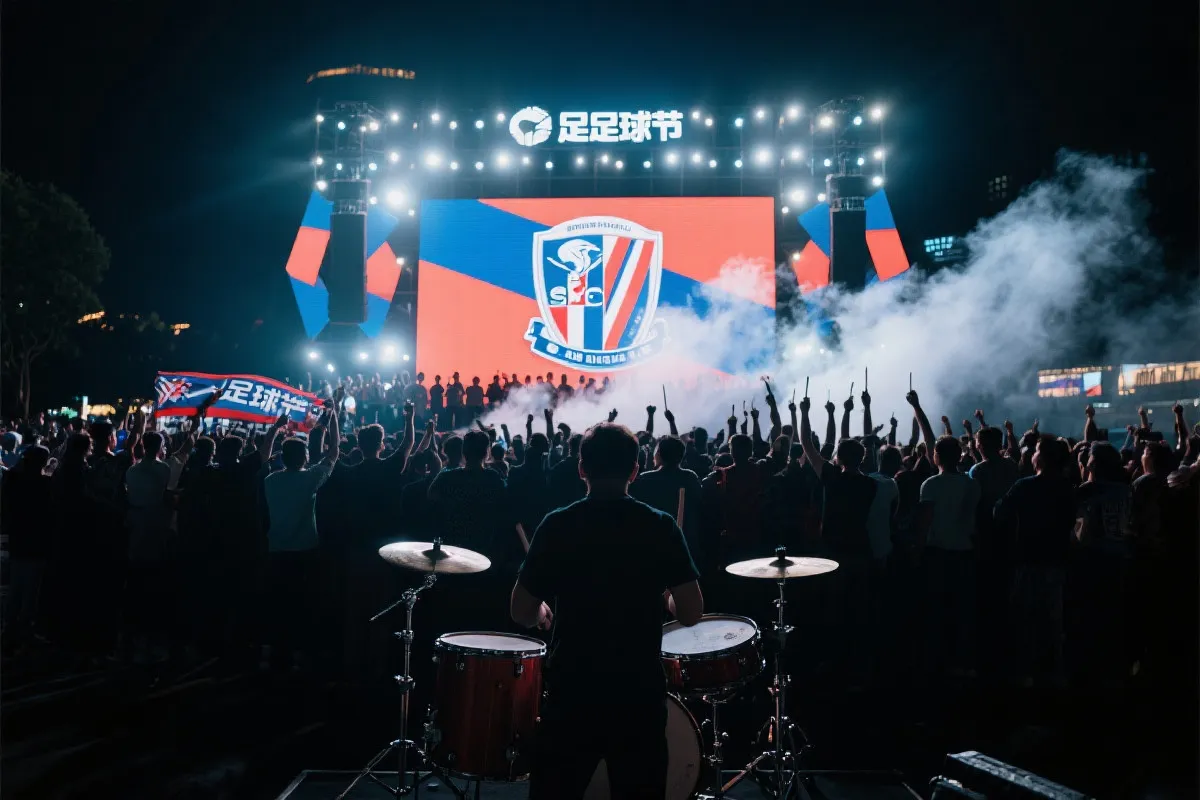 球迷节夜晚灯光下的集体应援仪式，鼓点、旗帜与合唱形成有序的狂欢